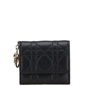 Dior Cannage Lady Tri fold Compact Wallet Black Lambskin